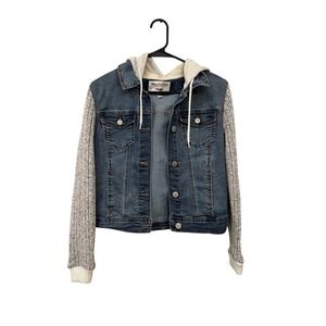 Juniors WallFlower Denim Hoodie Jacket with Knit Sleeves | Size L